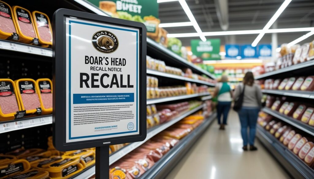 Boar's Head recall notice with alternative products in a grocery store.