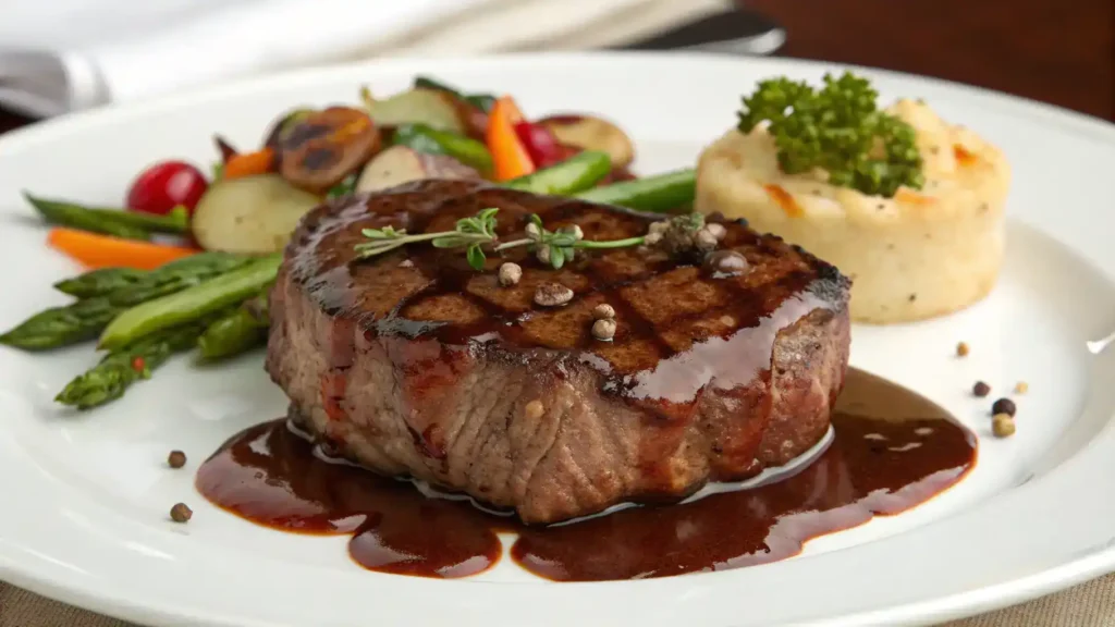 A gourmet dish featuring steak topped with Bordelaise sauce.