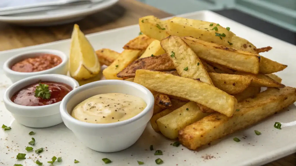 A plate of golden crispy yuca fries with dipping sauces.