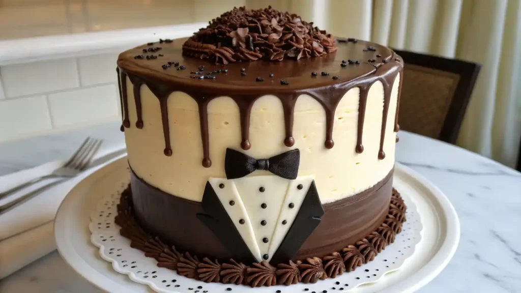 A beautifully decorated tuxedo cake with layers of chocolate and white chocolate ganache.