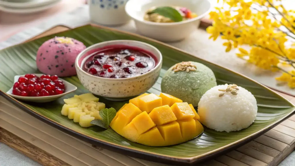 A variety of Asian desserts beautifully presented on a plate.
