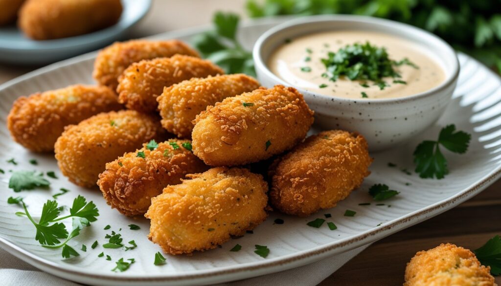 Golden-brown Chicken Croquettes served with a dipping sauce and garnished with herbs.