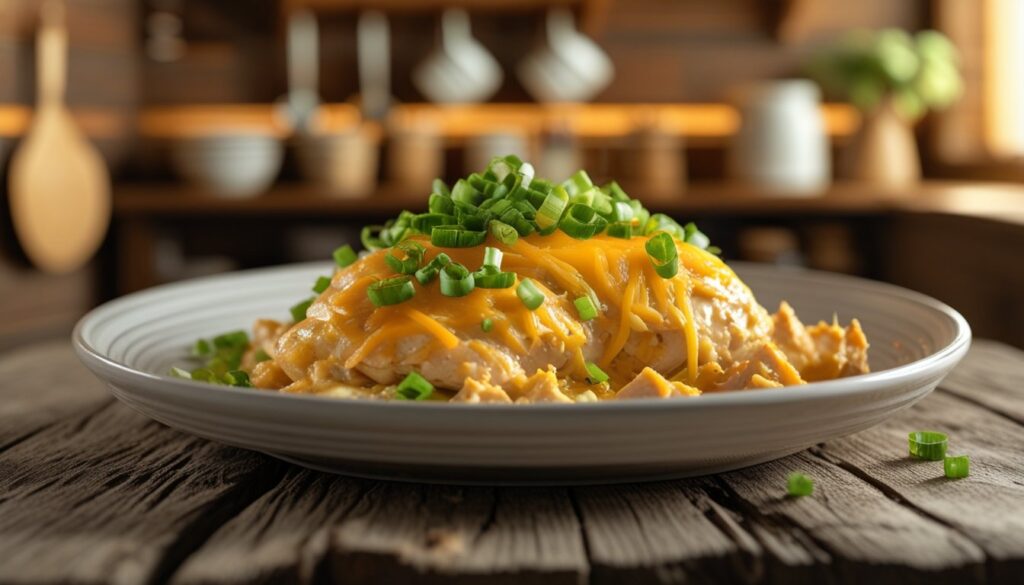 Delicious crack chicken served on a plate with garnishes.