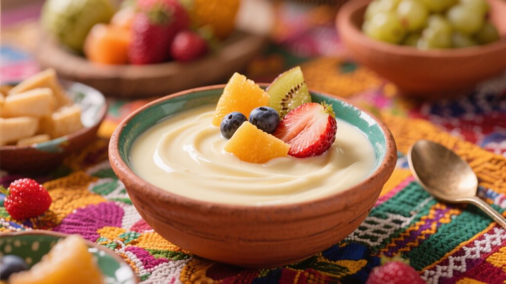 A bowl of crema de leche garnished with fresh fruits.
