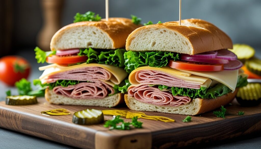 A beautifully made grinder sandwich with layers of turkey, cheese, and fresh vegetables.