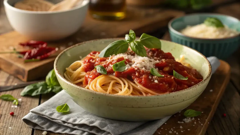 A delicious bowl of marinara sauce served with pasta.