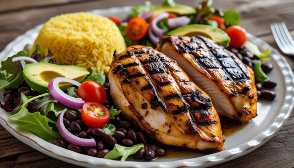 Grilled pollo asado served with rice and salad.