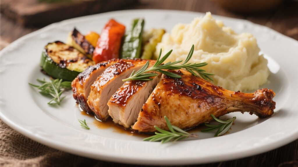 A beautifully plated smoked chicken breast garnished with fresh herbs and served with colorful sides.