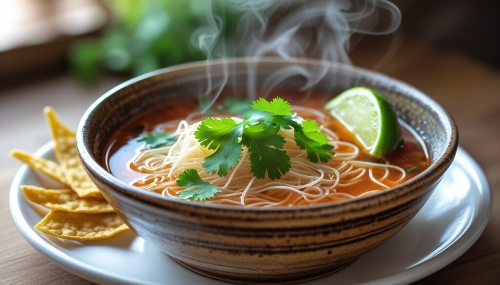 A steaming bowl of sopa de fideo garnished with cilantro and lime.