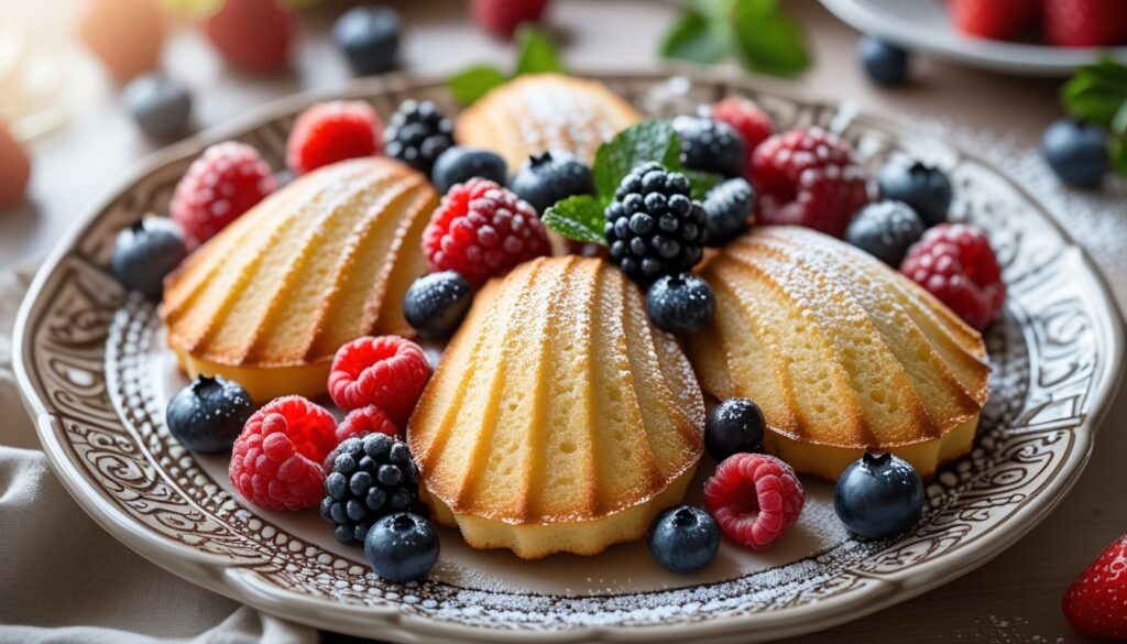 Freshly baked магдаленас served on a decorative plate with berries.