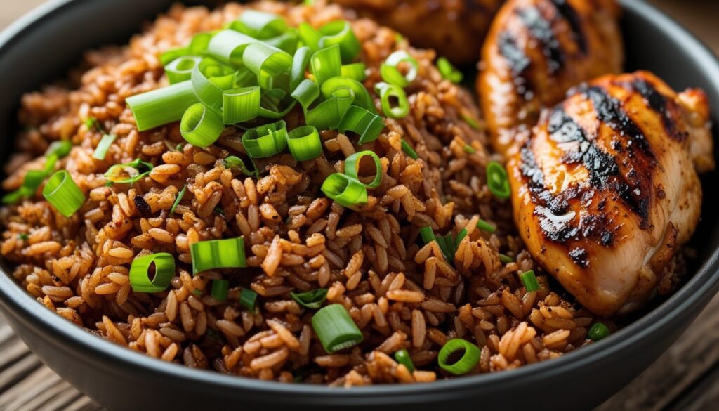 A bowl of dirty rice served with grilled chicken and garnished with green onions.