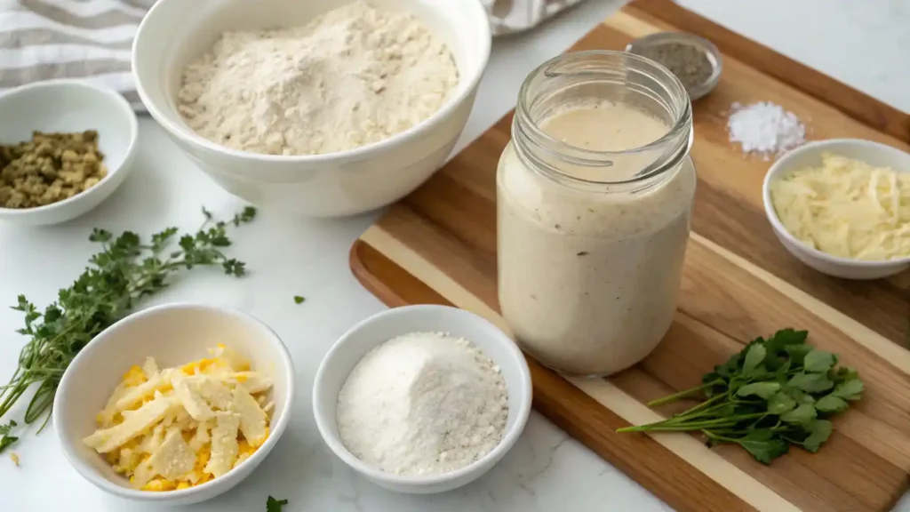 Ingredients for a sourdough discard recipe displayed on a wooden countertop.
