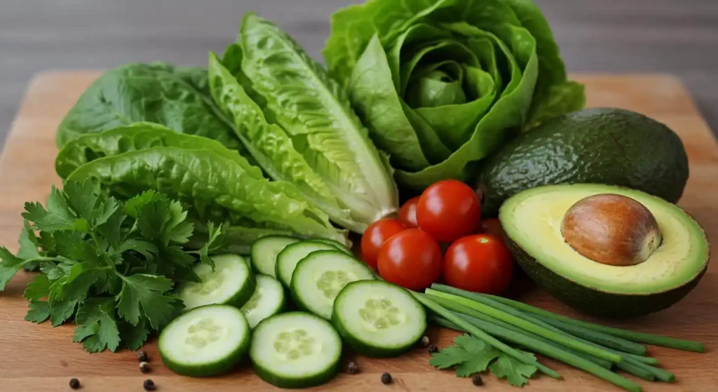 Ingredients for green goddess salad including mixed greens, cucumbers, cherry tomatoes, and avocado on a wooden cutting board.
