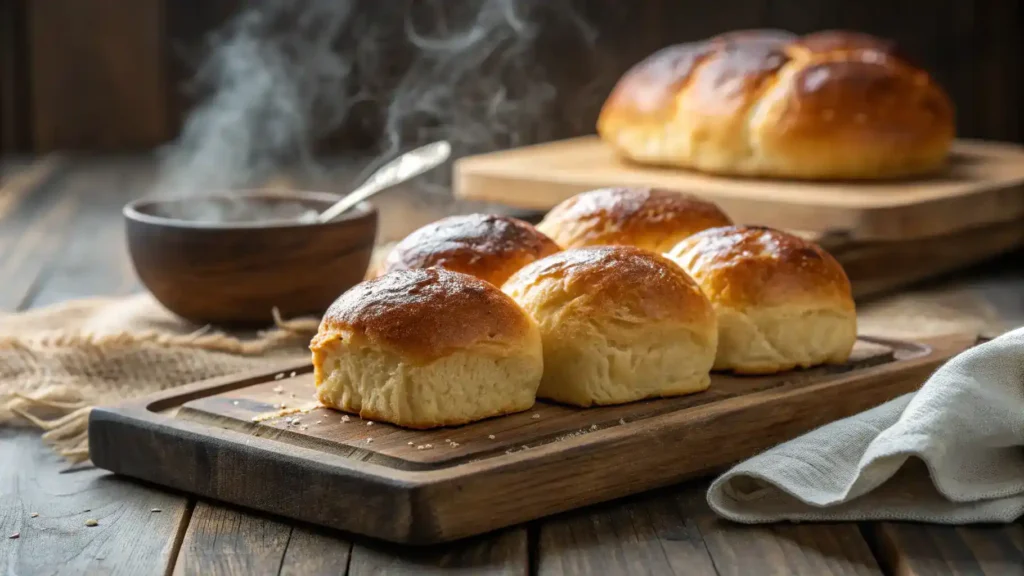 Freshly baked brioche buns, golden brown and fluffy, arranged on a wooden table.
