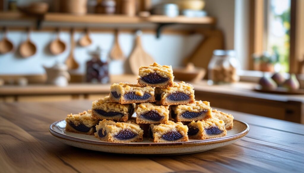 Freshly baked fig bars cut into squares on a rustic plate.