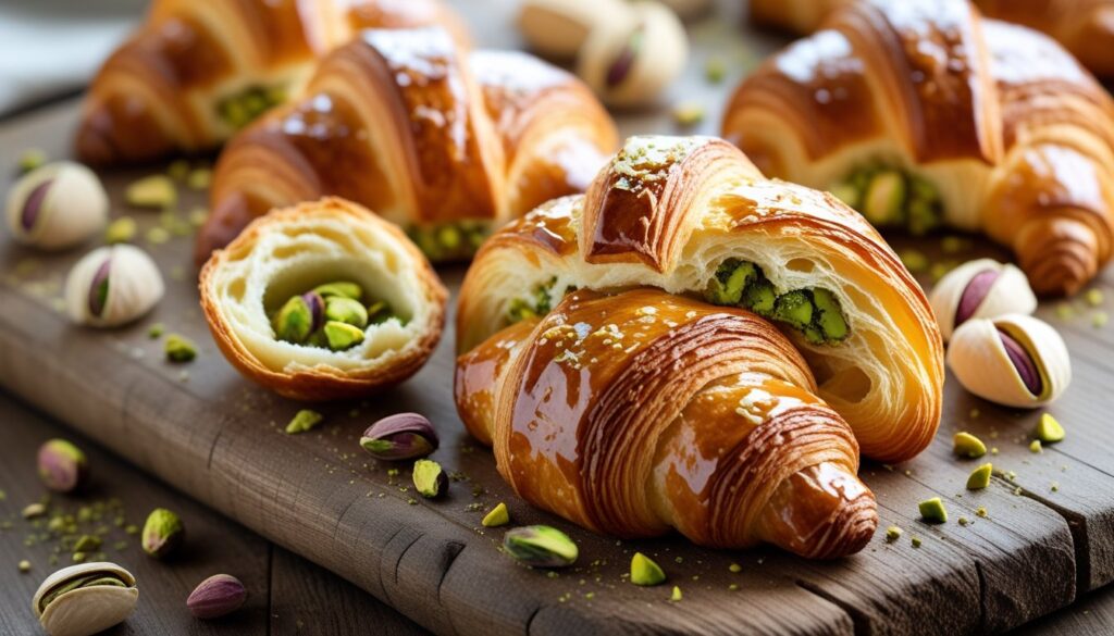 Freshly baked Pistachio Croissants on a plate, golden and flaky.