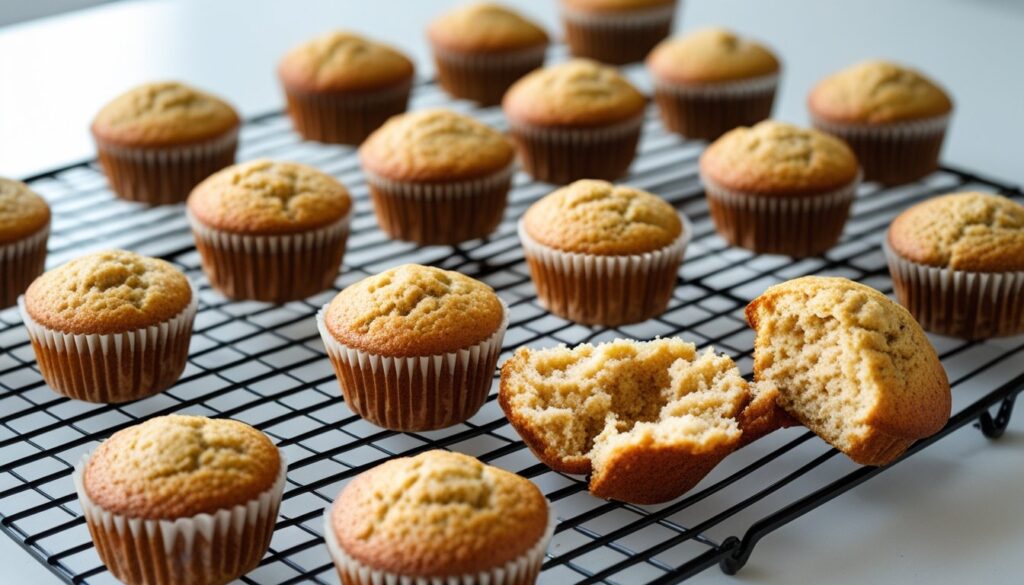 Freshly baked protein muffins cooling on a rack, with some muffins broken open to reveal their fluffy texture.