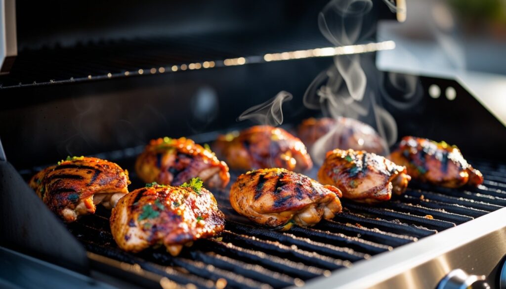 Pollo asado grilling on a barbecue.