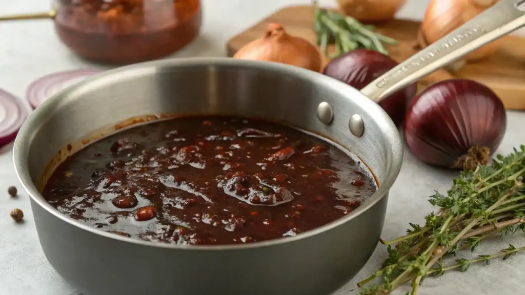 A saucepan filled with rich Bordelaise sauce, garnished with fresh herbs.