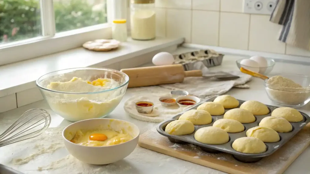 A step-by-step guide to making brioche buns, featuring ingredients and mixing bowls.
