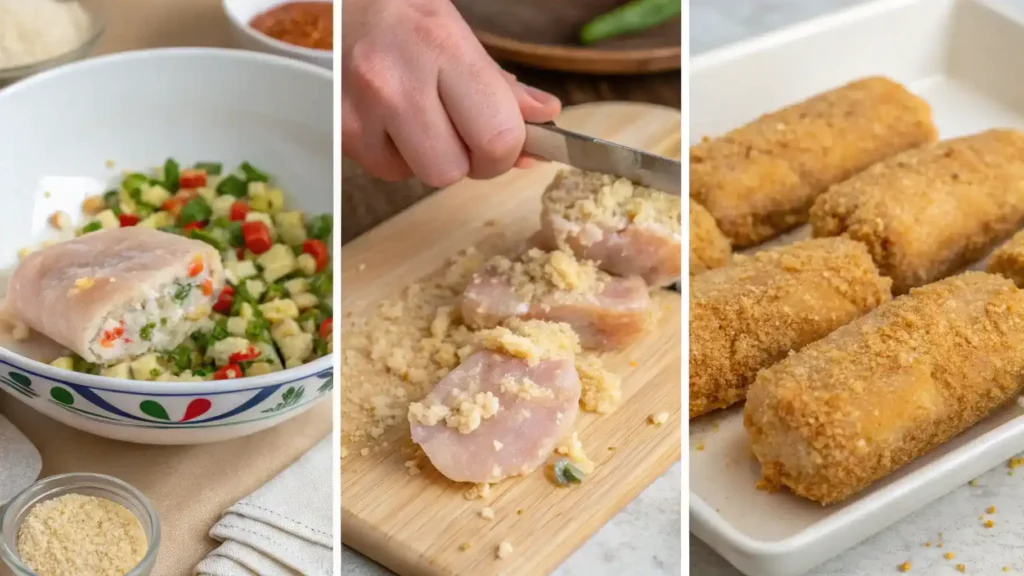 Step-by-step process of making Chicken Croquettes, showcasing preparation, filling, shaping, and frying.