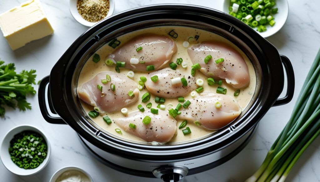 Step-by-step process of making crack chicken in a slow cooker with ingredients visible.