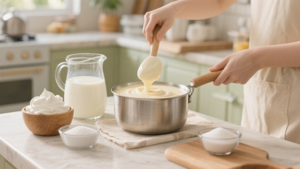 A step-by-step process of making crema de leche with ingredients displayed.