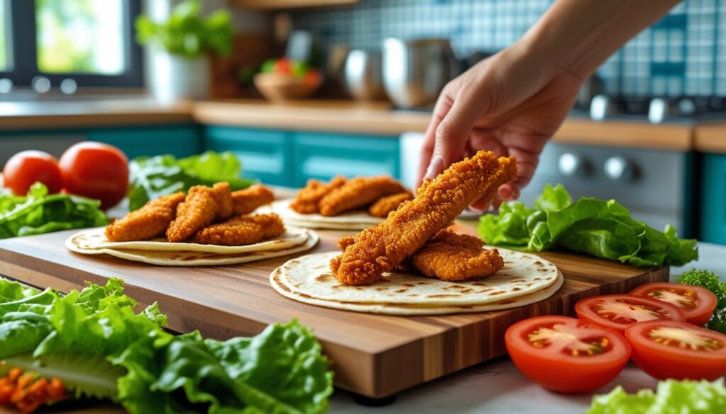 Step-by-step process of making crispy chicken wraps with ingredients laid out.