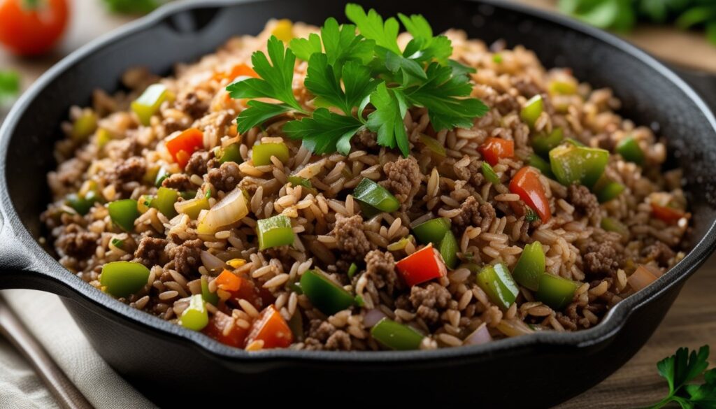 A skillet filled with delicious dirty rice, featuring ground meat, bell peppers, and herbs.