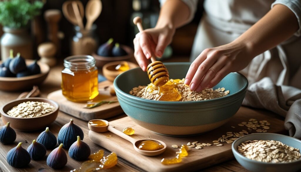 A step-by-step process of making fig bars with ingredients laid out on a kitchen counter.
