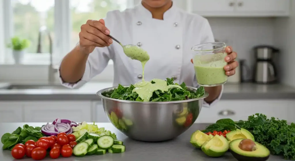 A vibrant green goddess salad being prepared with fresh greens, cucumbers, cherry tomatoes, and creamy dressing.