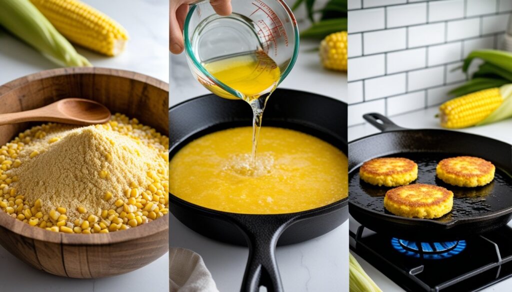 Step-by-step process of making hot water cornbread, showing ingredients and cooking steps.