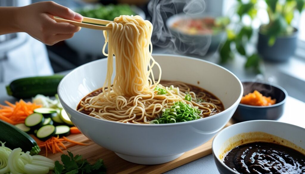A bowl of Jajangmyeon with colorful vegetables and black bean sauce, garnished with sliced cucumbers.