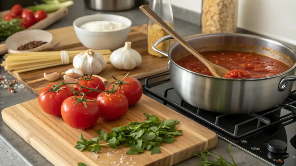 A step-by-step guide to making marinara sauce with fresh ingredients.