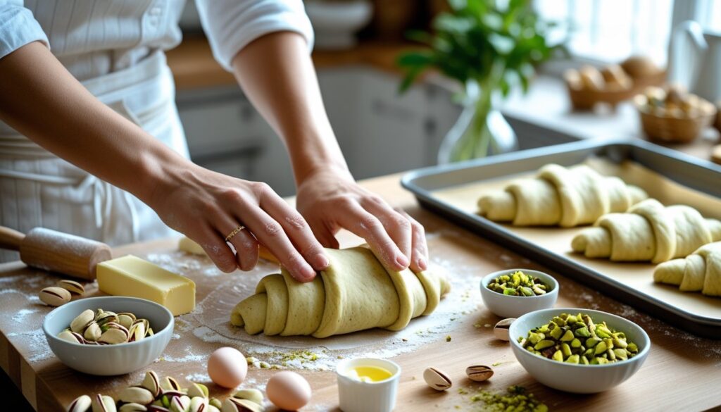 Step-by-step process of making Pistachio Croissants, including ingredients and preparation.