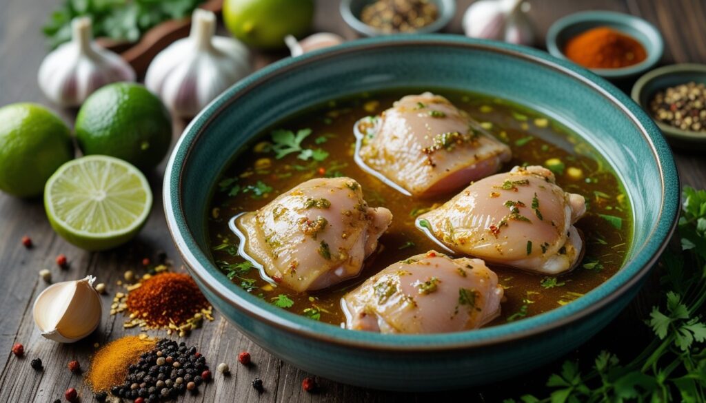 Marinated chicken thighs in a bowl with fresh ingredients.