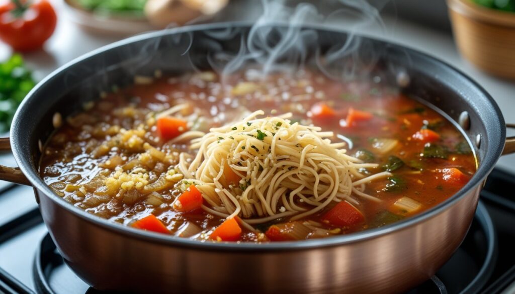 A pot of sopa de fideo with sautéed onions, garlic, and vibrant vegetable broth.