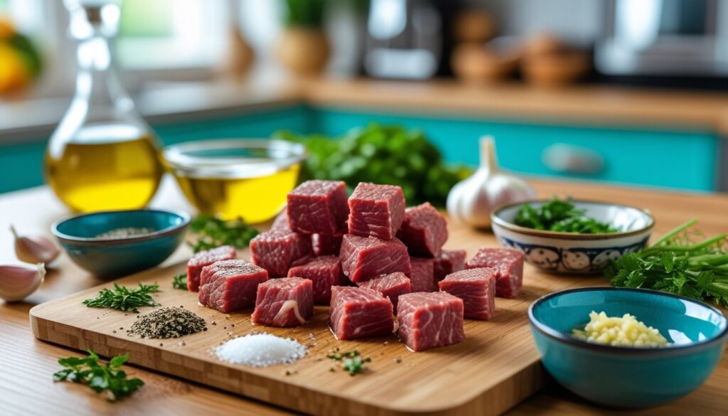 Ingredients and steps for making Steak Bites laid out on a kitchen counter.