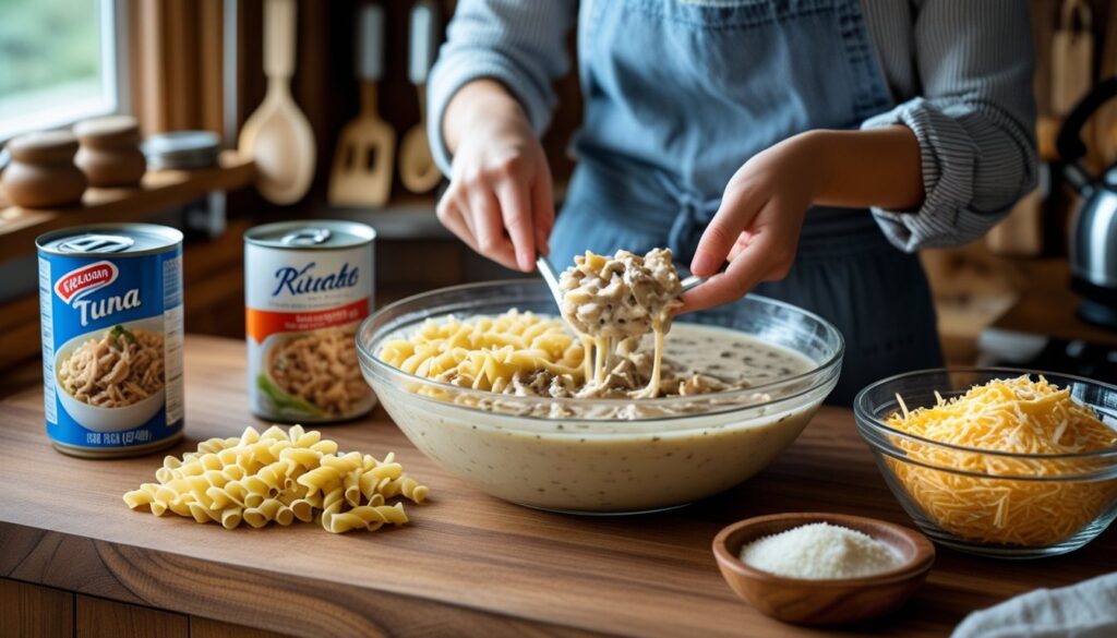 A step-by-step guide to making Tuna Helper with ingredients laid out on a kitchen counter.