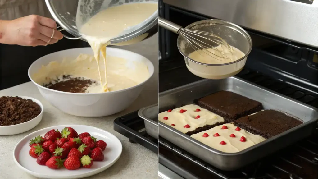 Step-by-step process of making a tuxedo cake, including mixing ingredients and pouring batter into pans.