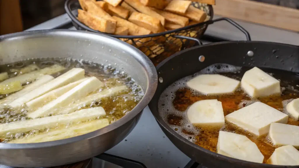 Step-by-step process of making yuca fries, including ingredients and cooking methods.