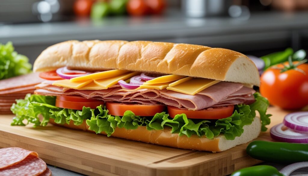 A step-by-step process of making a grinder sandwich with layers of turkey, cheese, lettuce, and tomatoes.