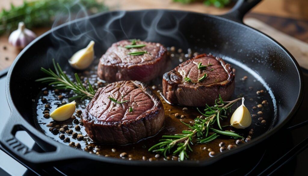 Venison being seared in a skillet with garlic and onions.