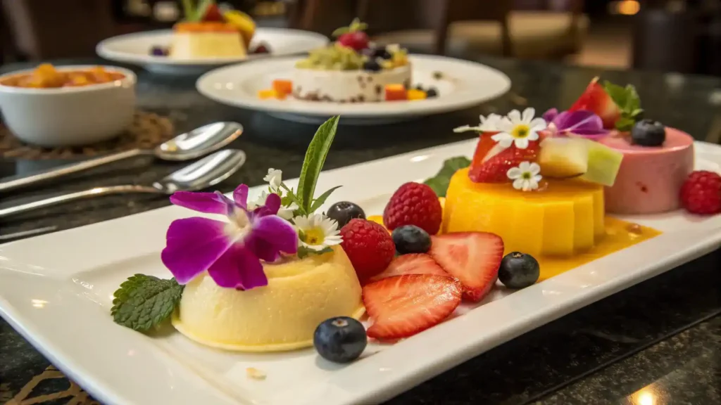 Serving suggestions for Asian desserts with garnishes.