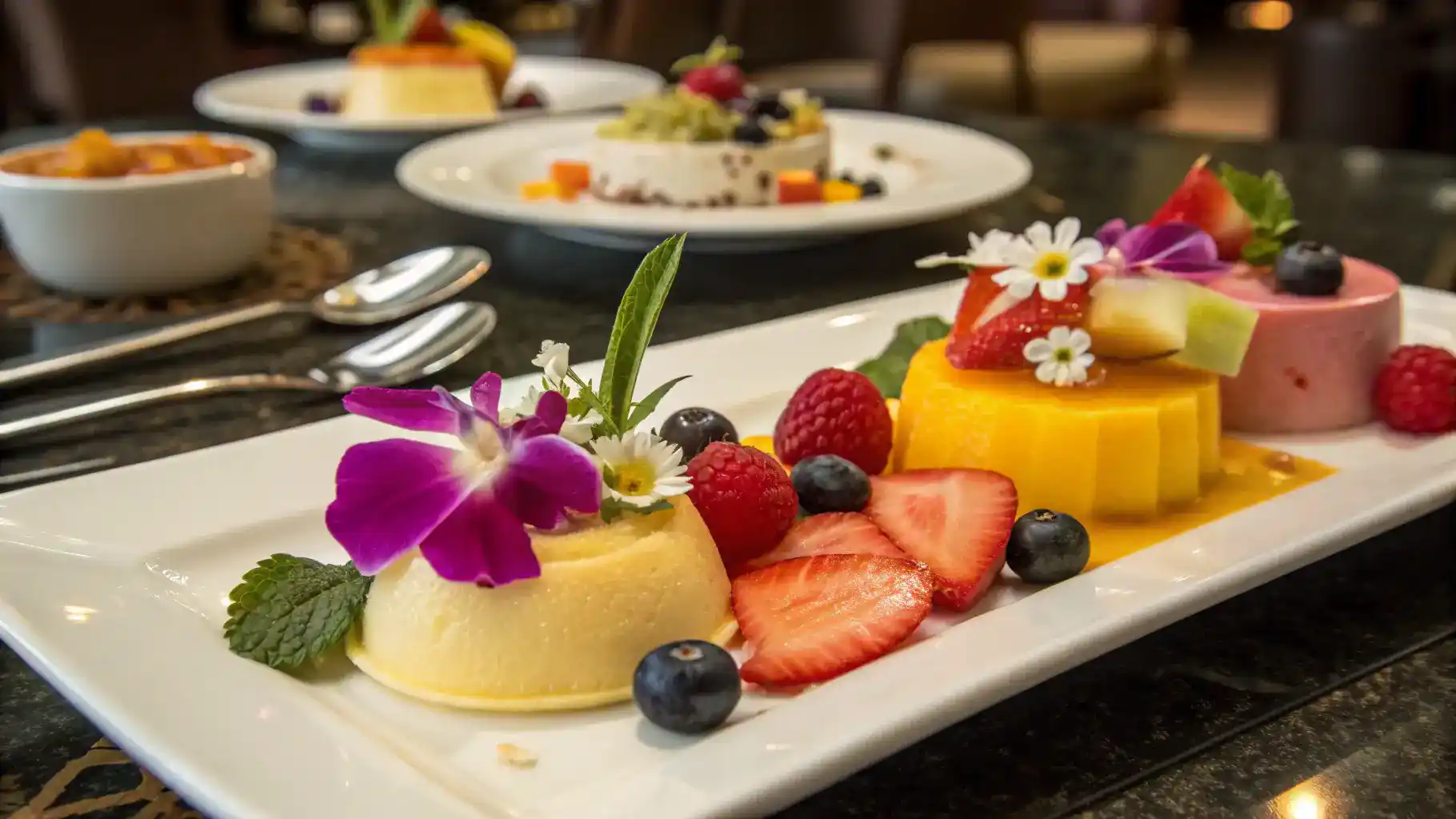 Serving suggestions for Asian desserts with garnishes.