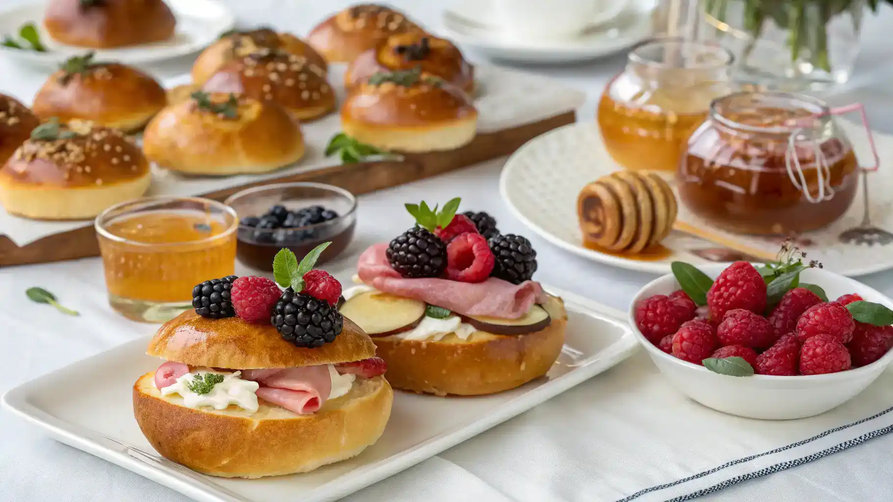 Different serving ideas for brioche buns, including butter, avocado, and jam.