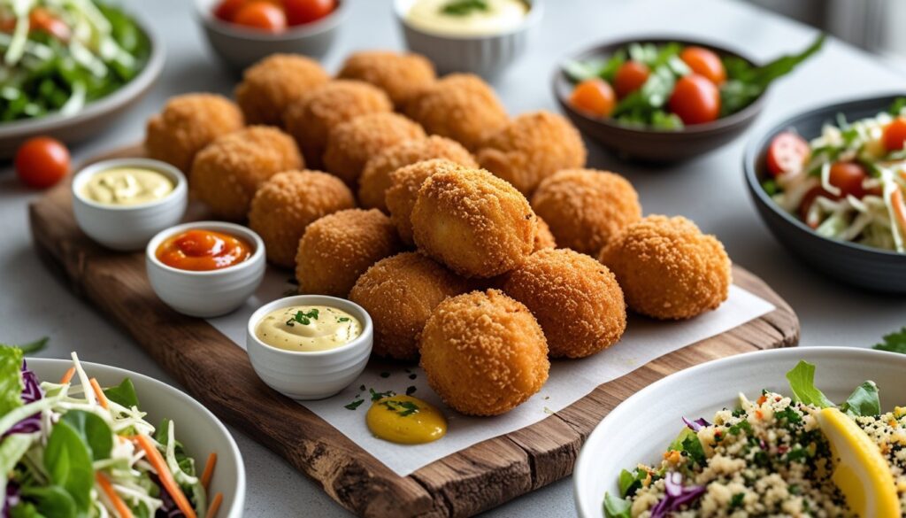 Serving suggestions for Chicken Croquettes with various dips and sides.