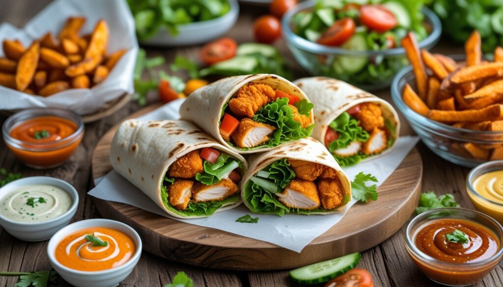 Serving suggestions for crispy chicken wraps.