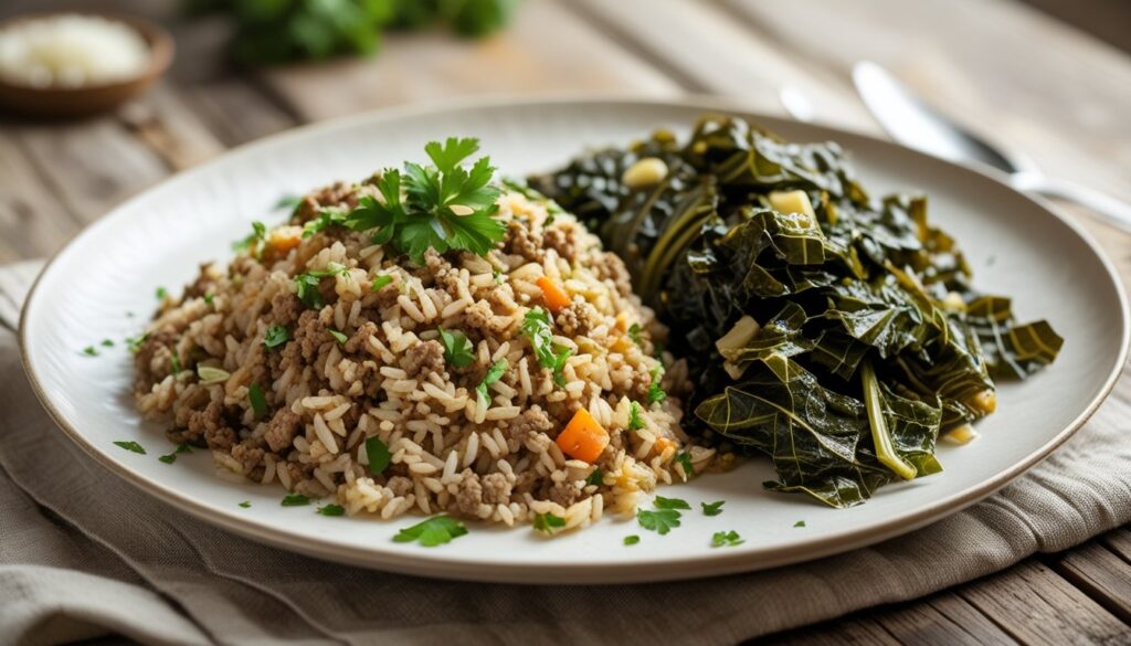 A plated serving of dirty rice with collard greens.
