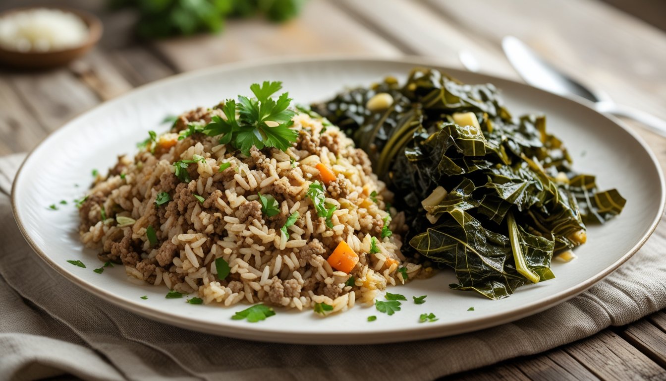 A plated serving of dirty rice with collard greens.